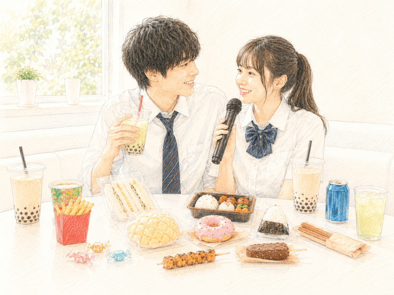 カラオケデート 持ち込みフードを楽しむカップル