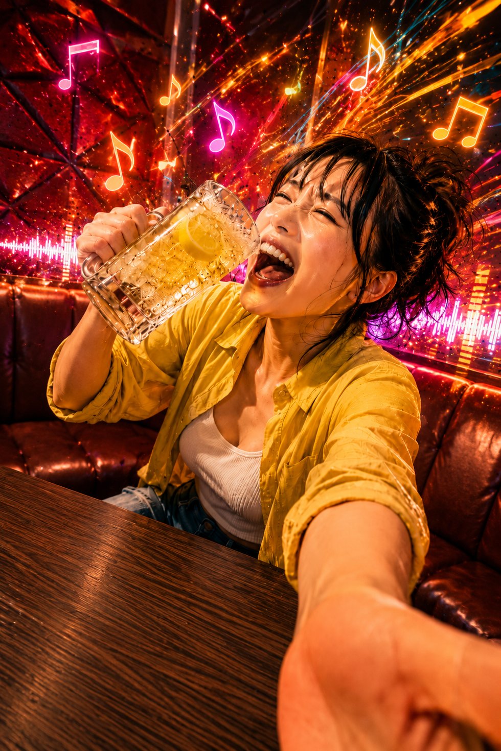 カラオケで飲み放題を楽しむ女性
