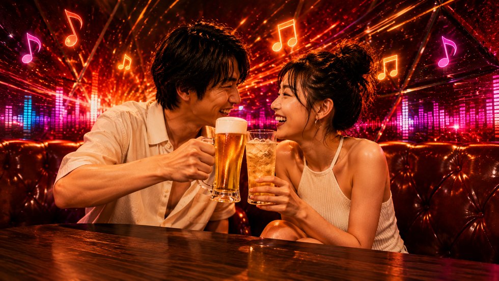 カラオケデートで乾杯するカップル