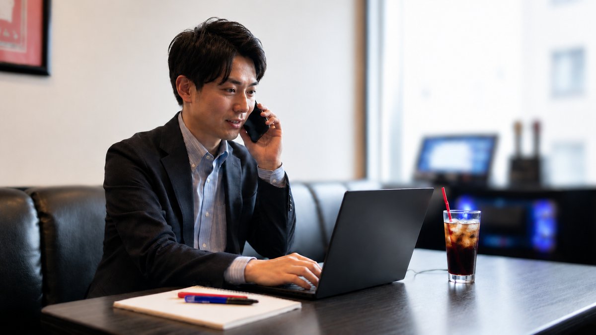 カラオケ個室でPCを操作しながら電話する男性