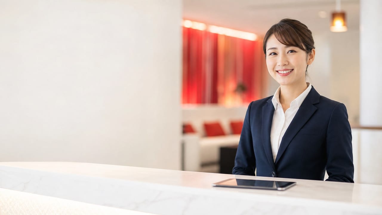 明るい受付で笑顔で対応するスタッフ