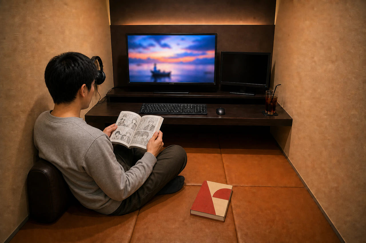 フラット席に座ってマンガとTVを楽しむイメージ