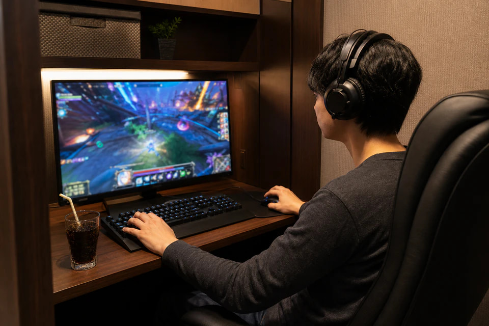 ネットカフェブースでPCを楽しむイメージ