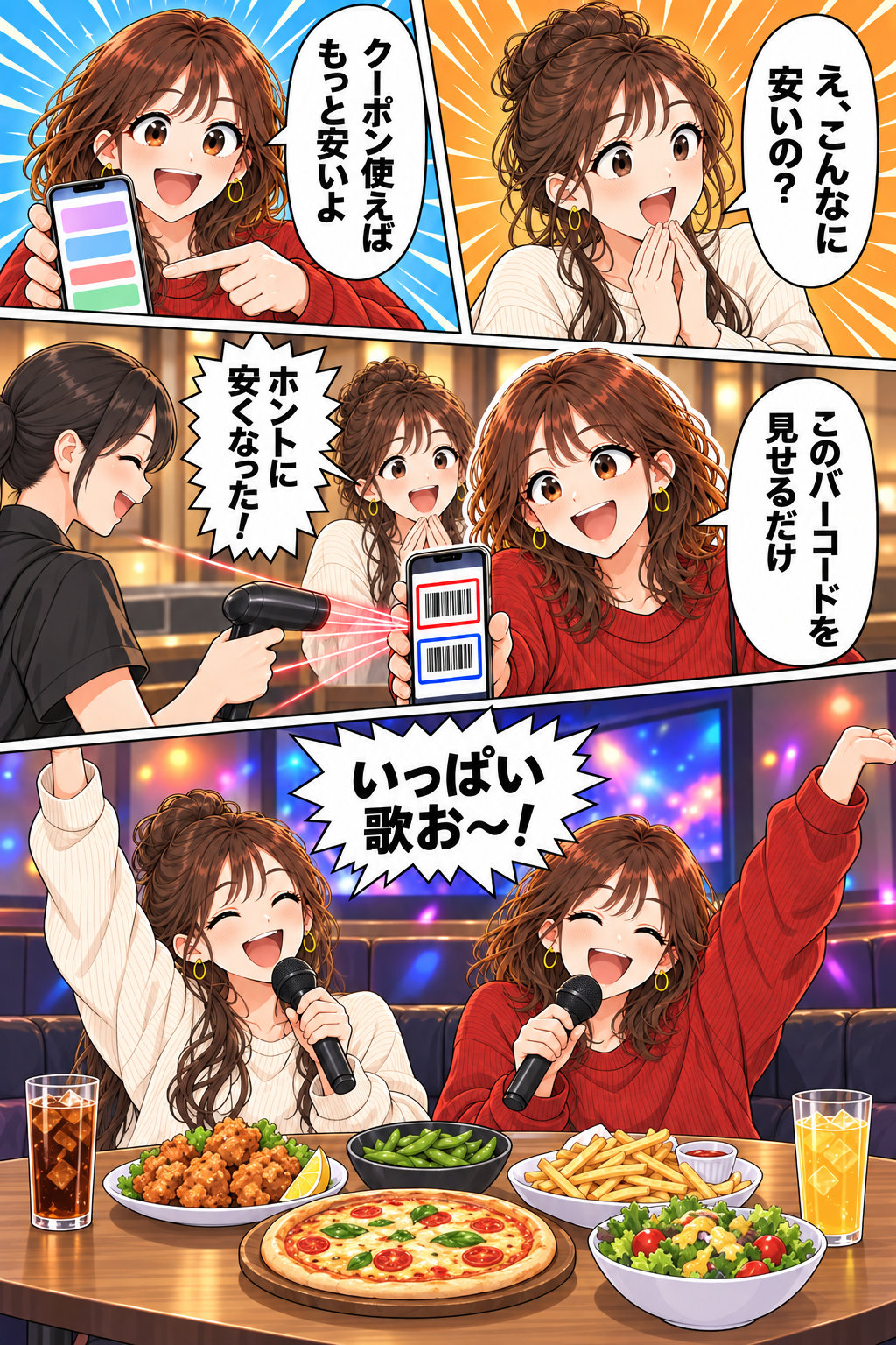 友人2人が料金の安さに驚き、スマホのクーポン画面を見せ合い、カラオケの受付でクーポンのバーコード画面を見せてから、個室で並んで歌う4コマ漫画