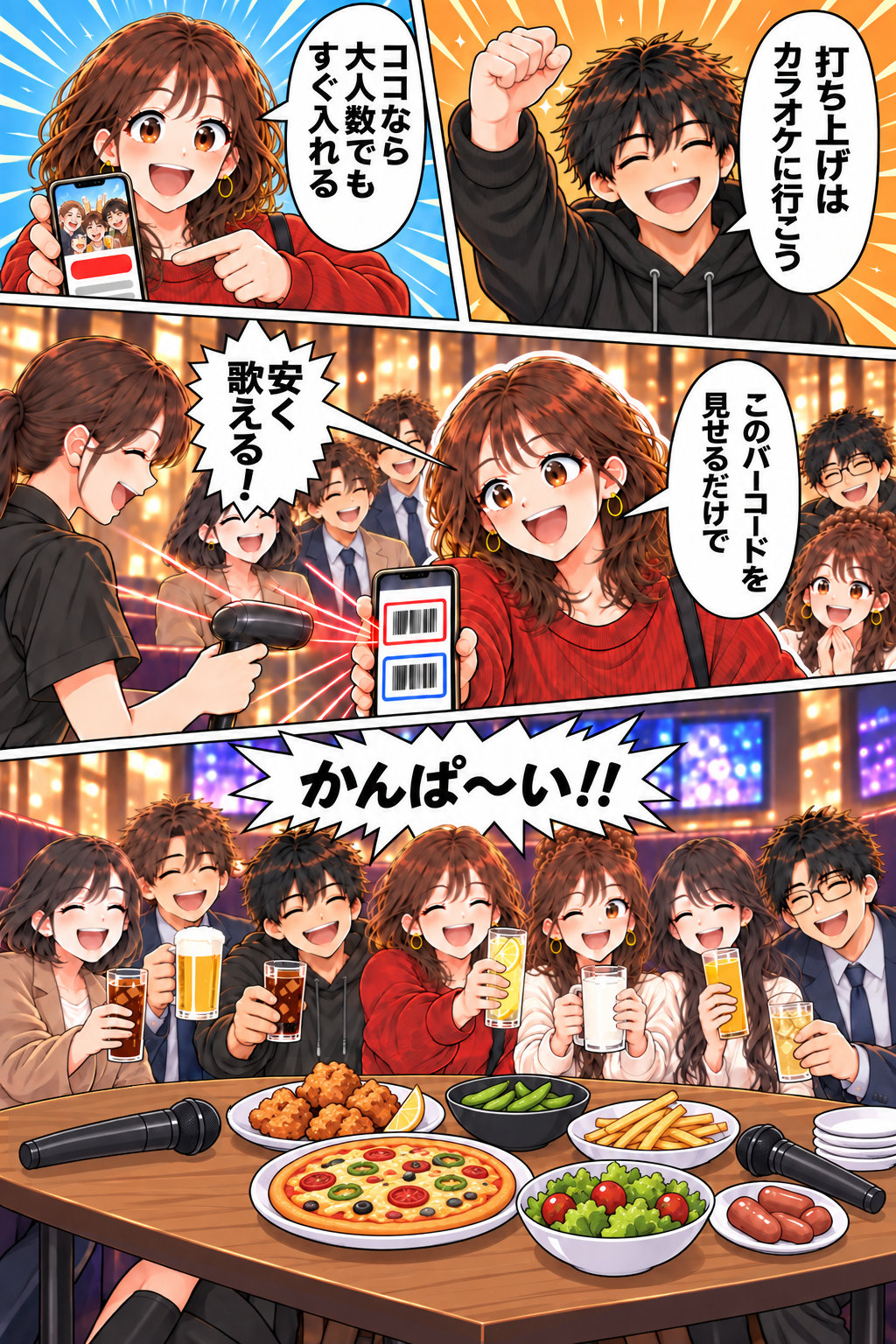 仕事終わりに打ち上げを決め、受付でクーポンのバーコード画面を見せ、個室で仲間と乾杯する4コマ漫画