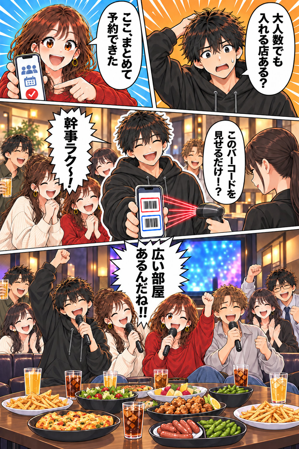 居酒屋で二次会の人数に困った幹事が、スマホのWEB予約で人数を入れて予約し、受付でクーポンのバーコード画面を見せてから、大きな個室で全員が盛り上がる4コマ漫画