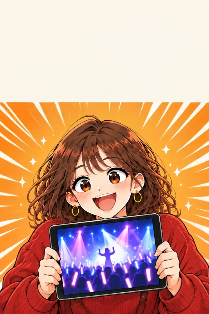 タブレットでライブ映像を見せて笑っている女性のイラスト