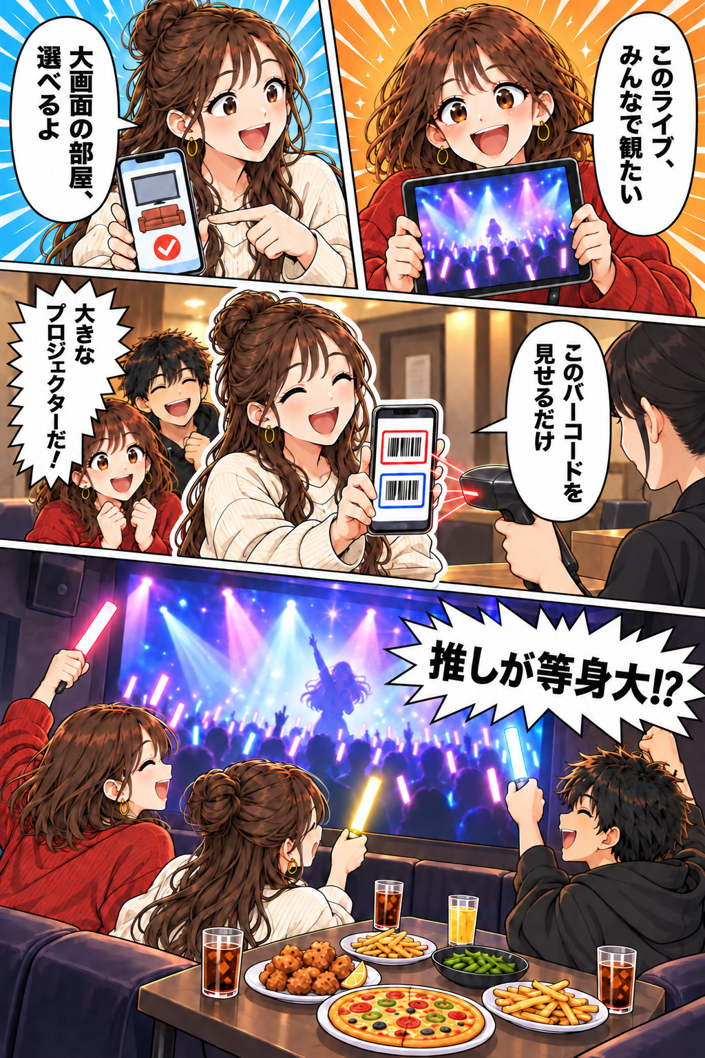 友人と鑑賞会を計画し、WEB予約で日時とお部屋を選び、受付でクーポンのバーコード画面を見せてから、3人で大画面の映像を楽しむ4コマ漫画