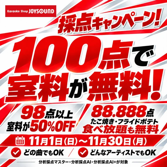 採点キャンペーン！100点で室料が無料！