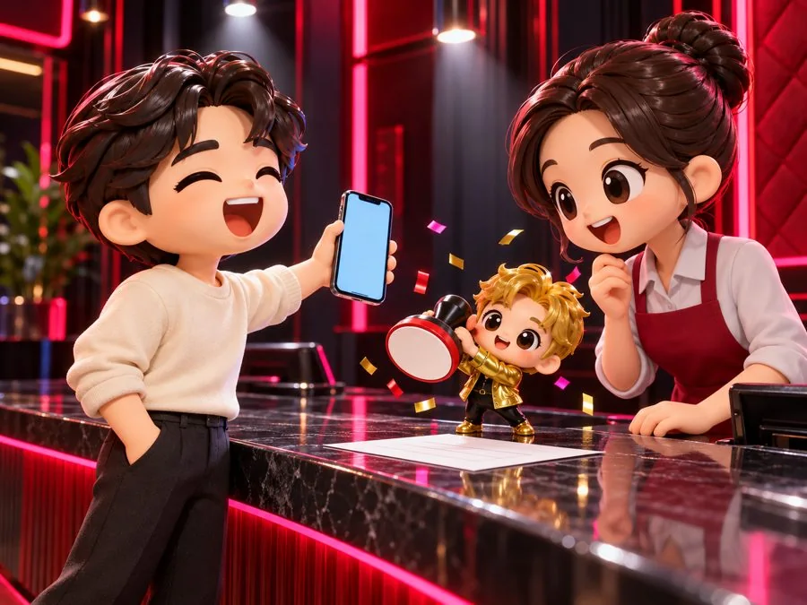 フロントでスマホの画面を店員に見せるイラスト